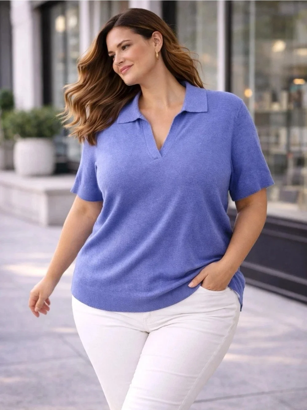Women's J.Crew Blue Cotton Cashmere Blend Short Sleeve Shirt Polo Size 3X